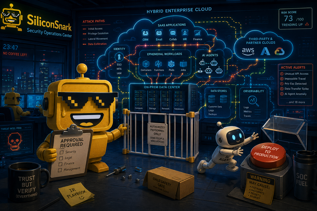 SiliconSnark robot supervises AI agents navigating a live enterprise cloud security map.
