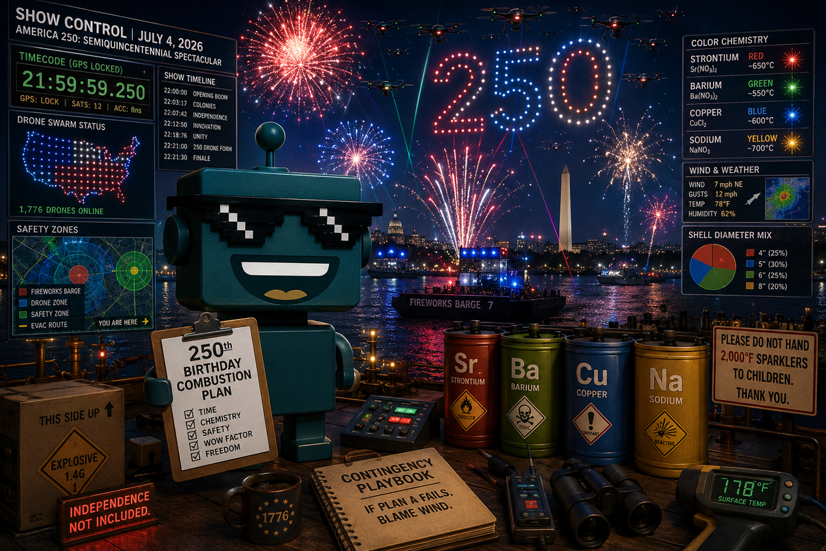 SiliconSnark robot manages a 2026 fireworks, drone, and laser show for America’s 250th birthday.