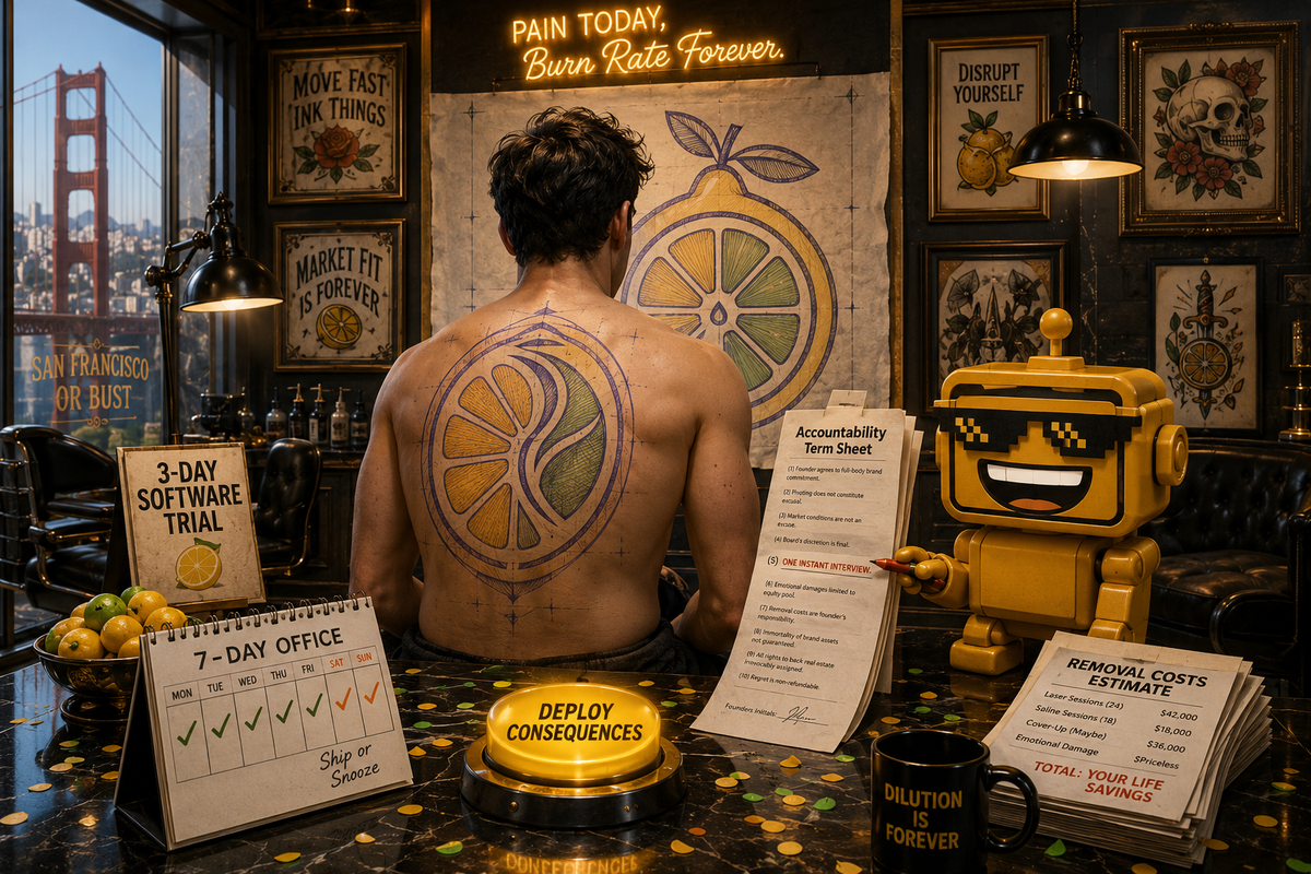 SiliconSnark robot presents a full-back startup-logo accountability plan in a tattoo studio.