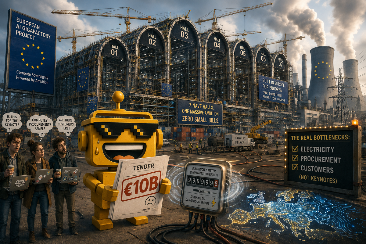 SiliconSnark robot reviews a €10 billion tender outside seven massive European AI server halls.