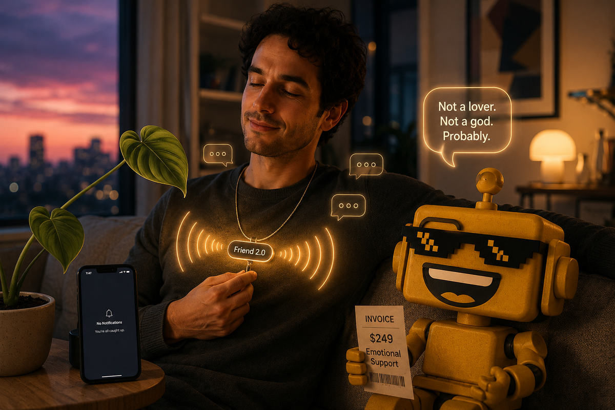 SiliconSnark robot reacts skeptically as a person wears the voice-enabled Friend 2.0 AI necklace in a cozy apartment.