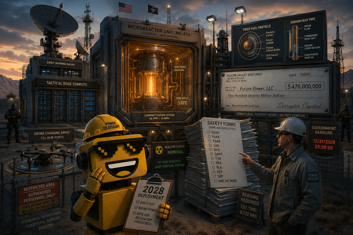 SiliconSnark robot in a hard hat watches a microreactor power a military installation beside a towering stack of safety forms.