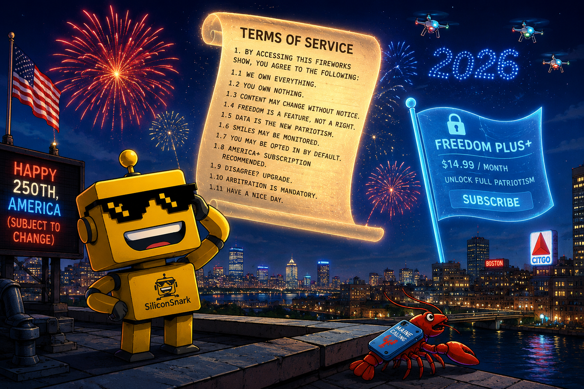 The SiliconSnark robot watches a July 4th fireworks show interrupted by a giant glowing terms-of-service scroll in the sky.