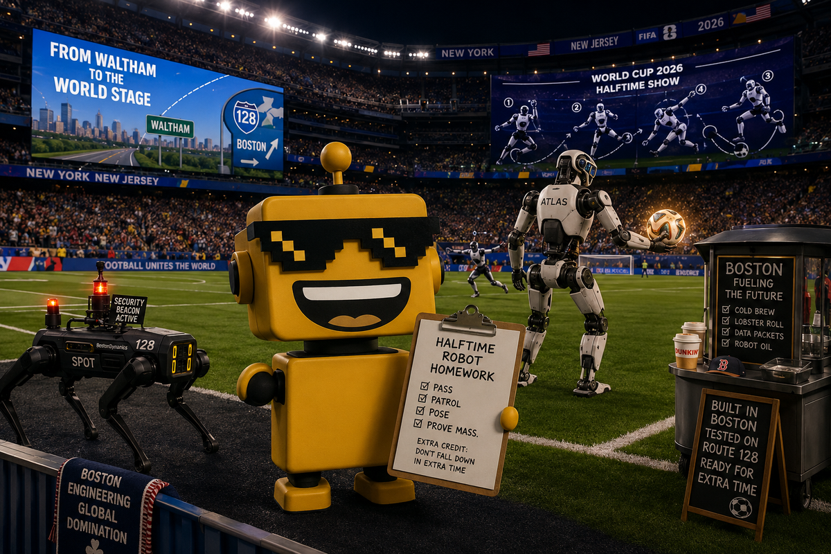 SiliconSnark robot watches Atlas deliver a match ball while Spot patrols at a World Cup stadium.