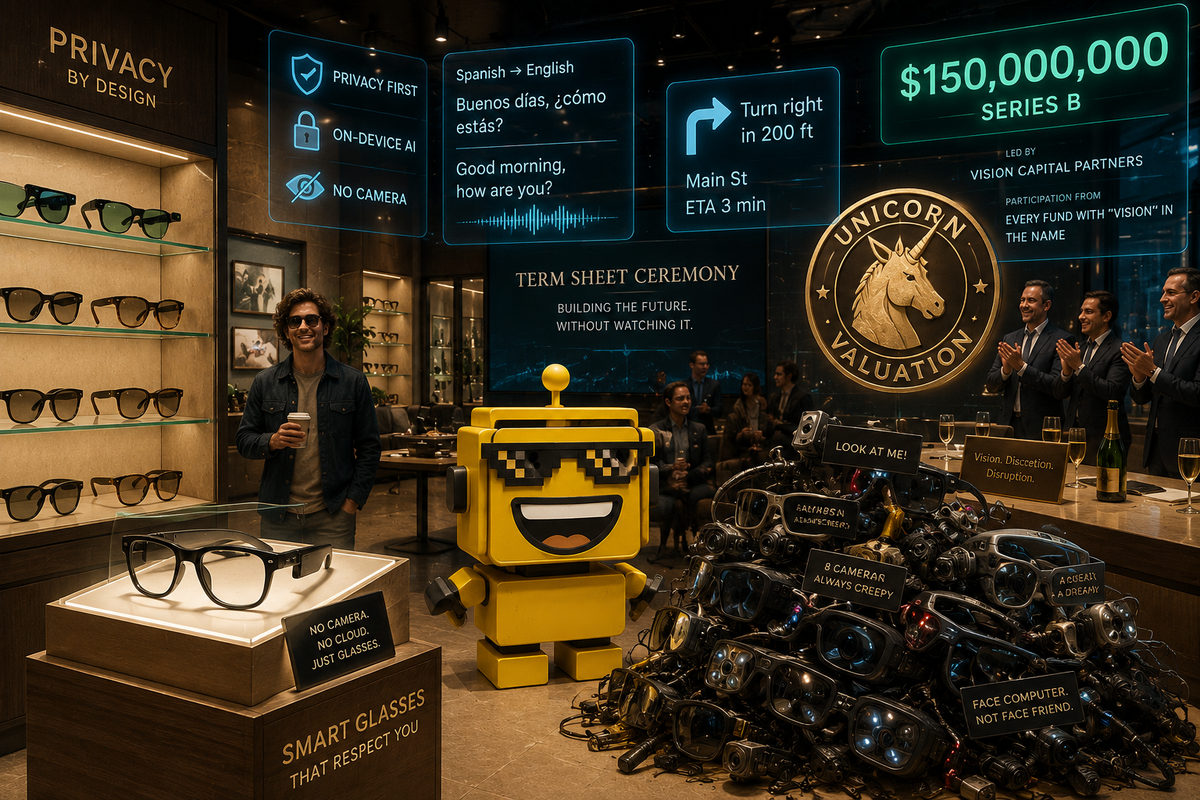 SiliconSnark robot stands in a luxury smart-glasses boutique as investors fund camera-free AI eyewear.