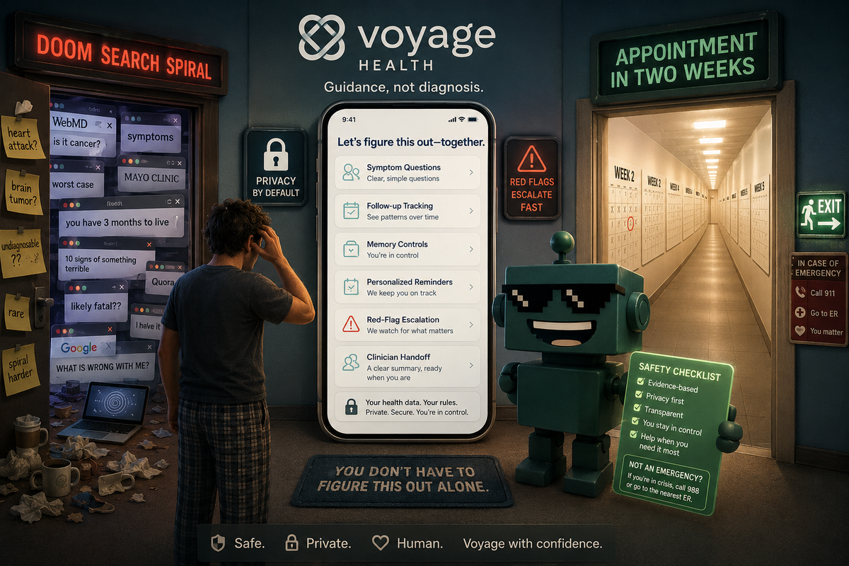 SiliconSnark's robot reviews Voyage Health beside an AI health app showing symptom guidance, privacy controls, and escalation alerts.