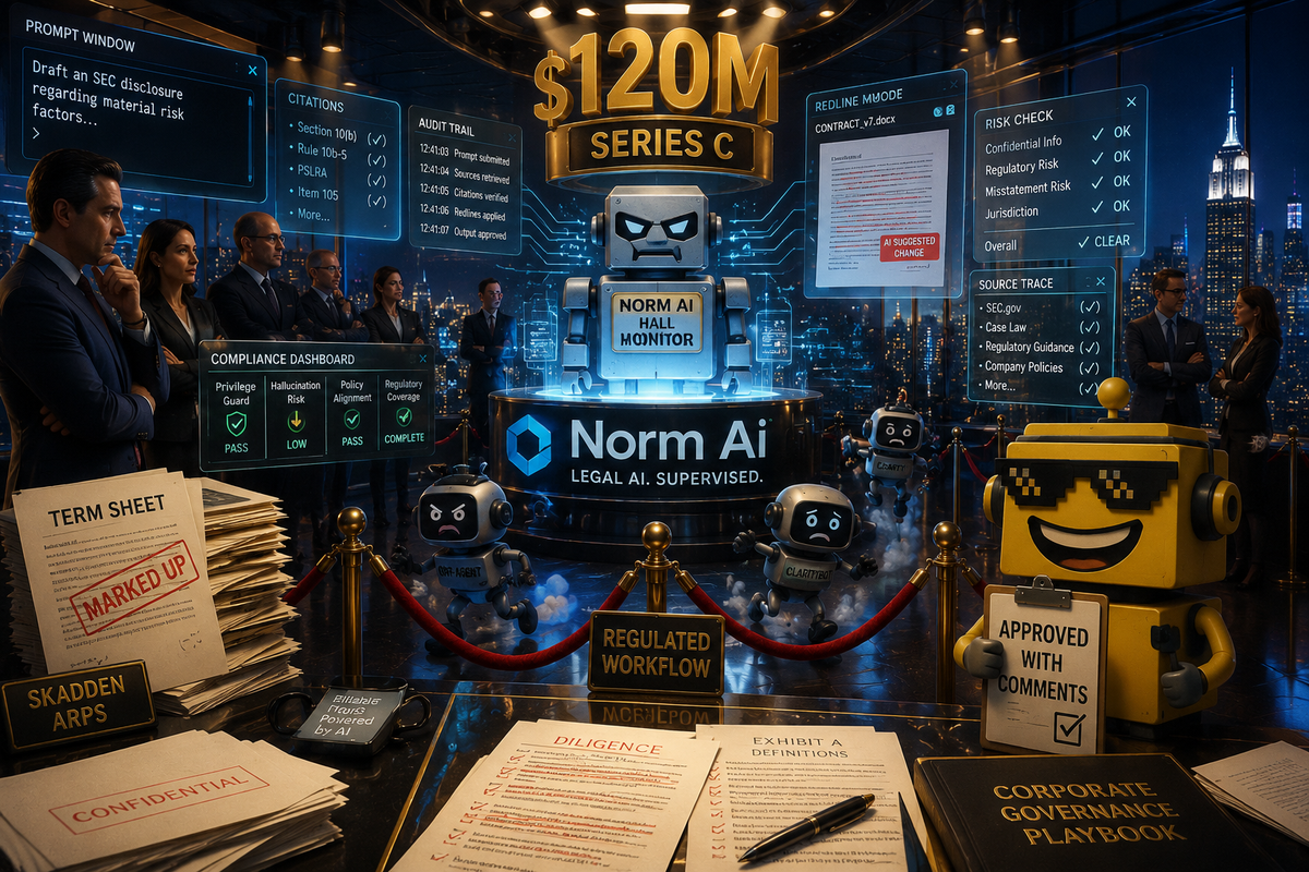 SiliconSnark robot watches a legal AI control room where compliance agents audit rogue chatbots after Norm Ai's funding round.