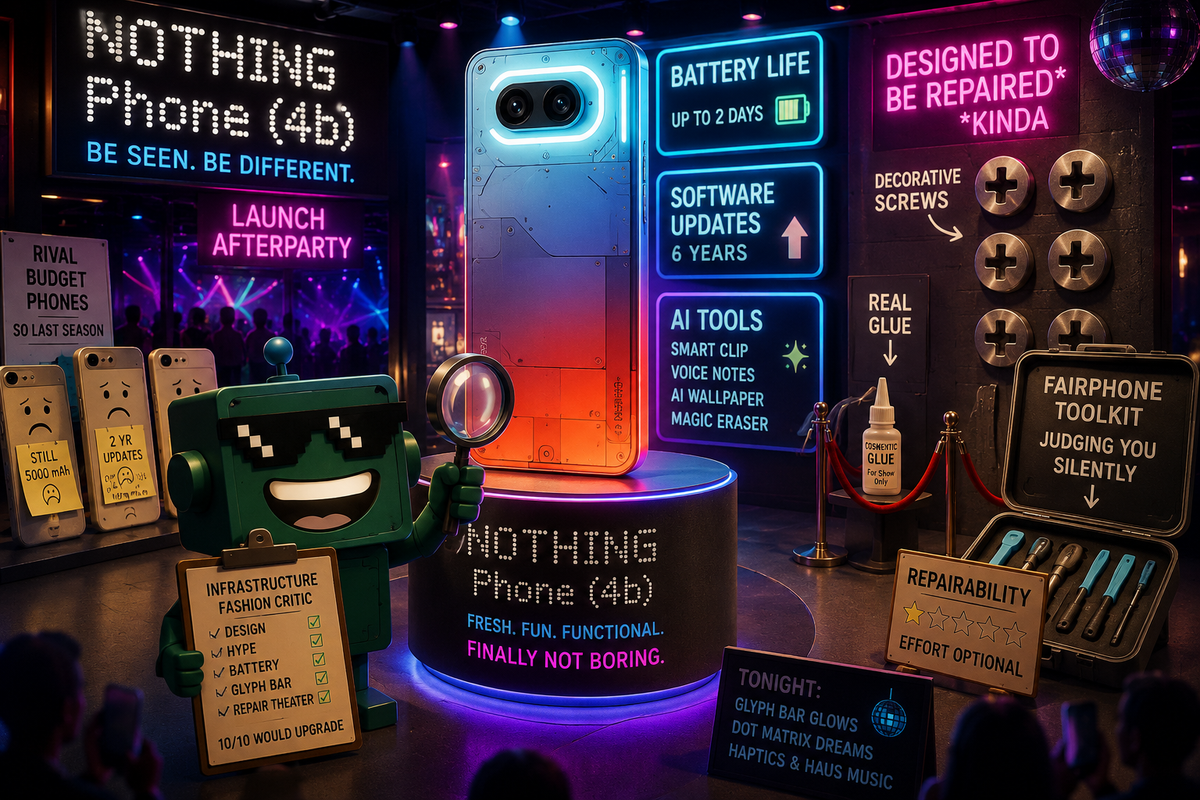 SiliconSnark's robot inspects the colorful Nothing Phone (4b) at a neon launch display while beige rival phones and fake repair cues linger nearby.