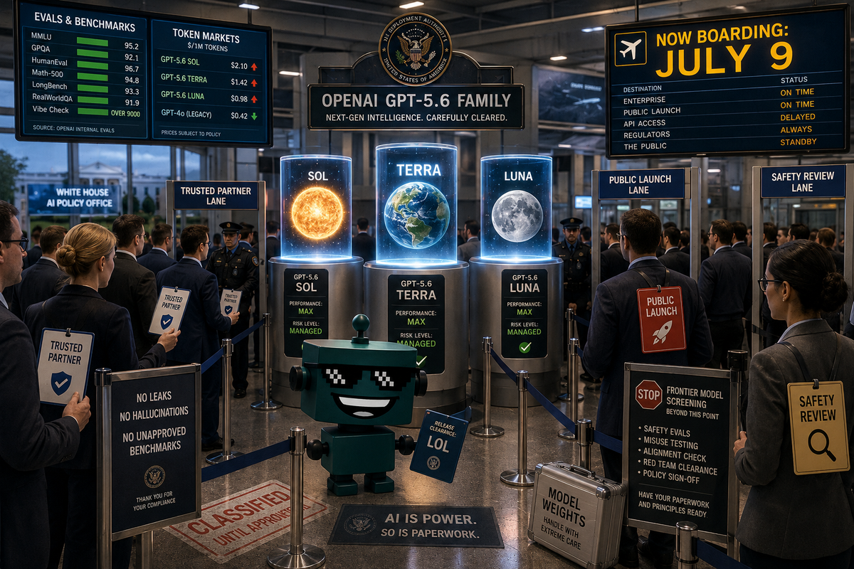 SiliconSnark robot watches GPT-5.6 go through an airport-style government launch checkpoint.