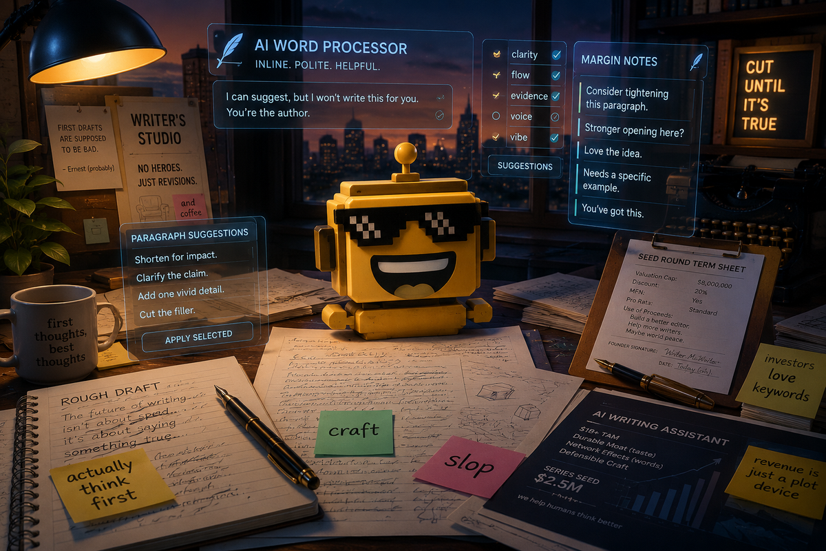 SiliconSnark's mustard-yellow robot watches an AI writing tool hover over rough drafts in a dim studio.