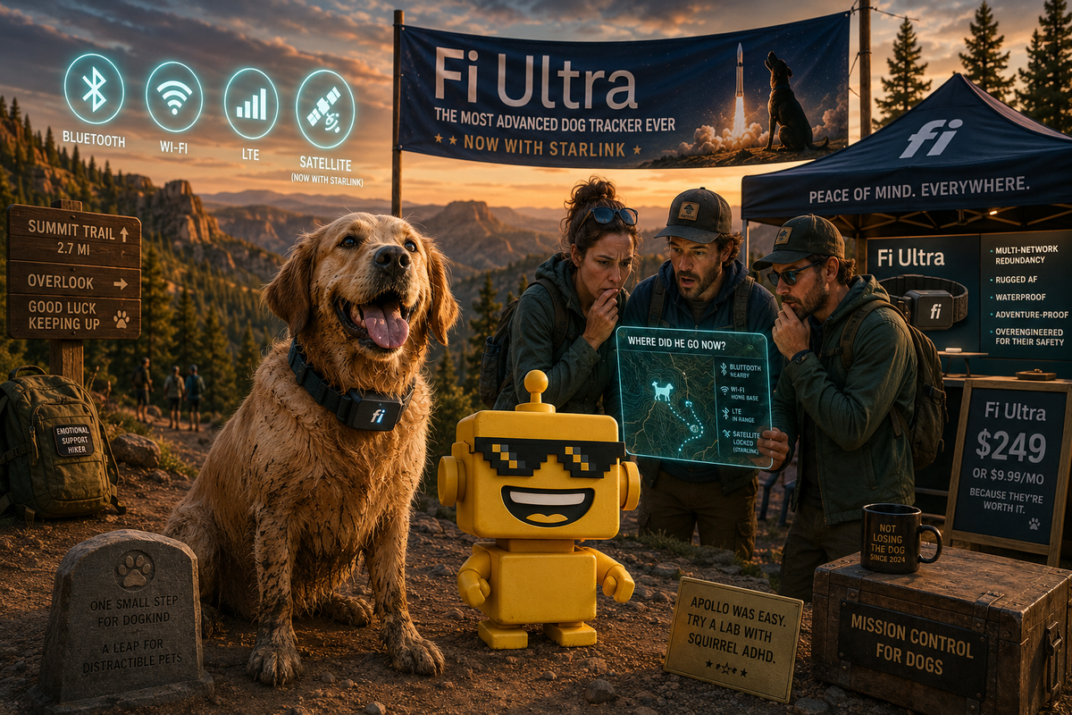 SiliconSnark's mustard-yellow robot watches Fi unveil a satellite dog tracker at a trailhead beside an adventure dog and floating coverage icons.