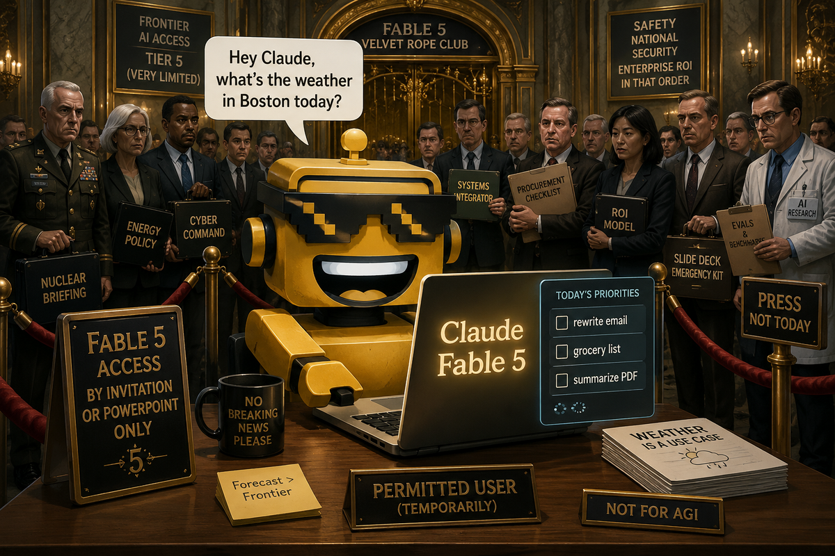 SiliconSnark robot asks Claude Fable 5 for mundane help while officials and researchers watch nervously.