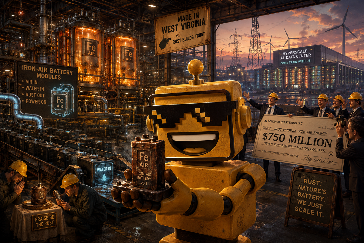 SiliconSnark robot inspects iron-air batteries in a West Virginia factory beside an AI data center.
