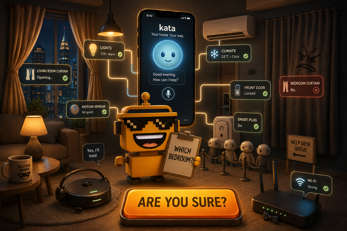 SiliconSnark robot supervises a smart apartment while an AI assistant controls lights and curtains.