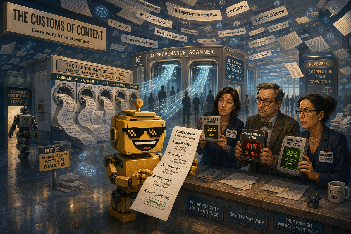 SiliconSnark robot inspects a receipt tracing human edits and invisible watermarks through an AI text customs hall.