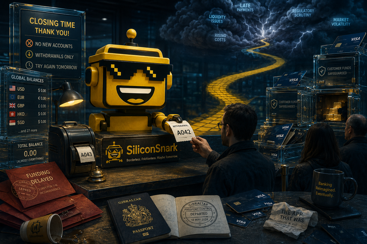 SiliconSnark robot mascot at a closing fintech counter surrounded by ledgers, cards, and withdrawal tickets.