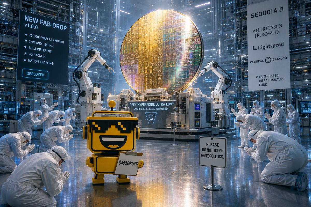 SiliconSnark robot reacts to a giant chipmaking machine and a $400 million funding clipboard in a cleanroom.