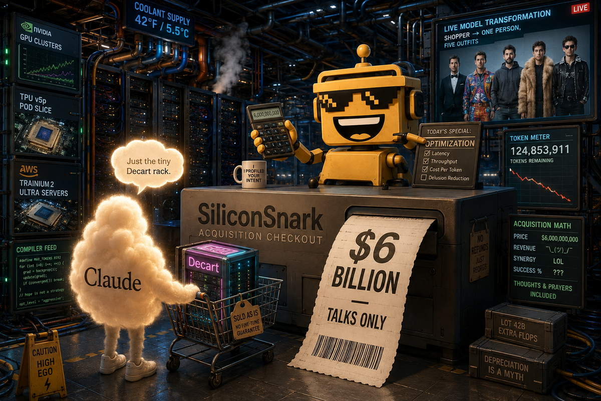  SiliconSnark robot examines a $6 billion Decart acquisition receipt in an AI server room.