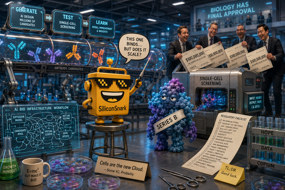 SiliconSnark robot watches investors feed $100 million checks into an AI antibody-discovery lab.