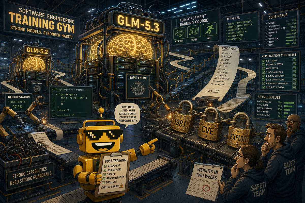 SiliconSnark robot watches GLM-5.3 repair code while assembling a chain of software exploits.