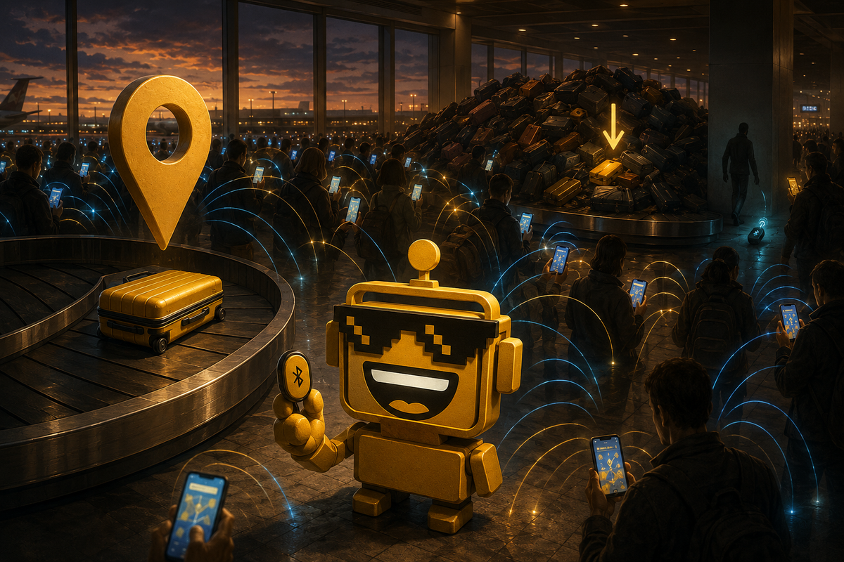 SiliconSnark robot uses a Bluetooth tracker amid phones searching an airport baggage hall.