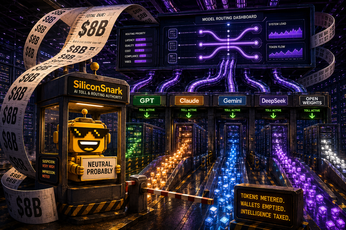 SiliconSnark robot operates a toll booth beside AI model lanes and a giant $8 billion receipt.