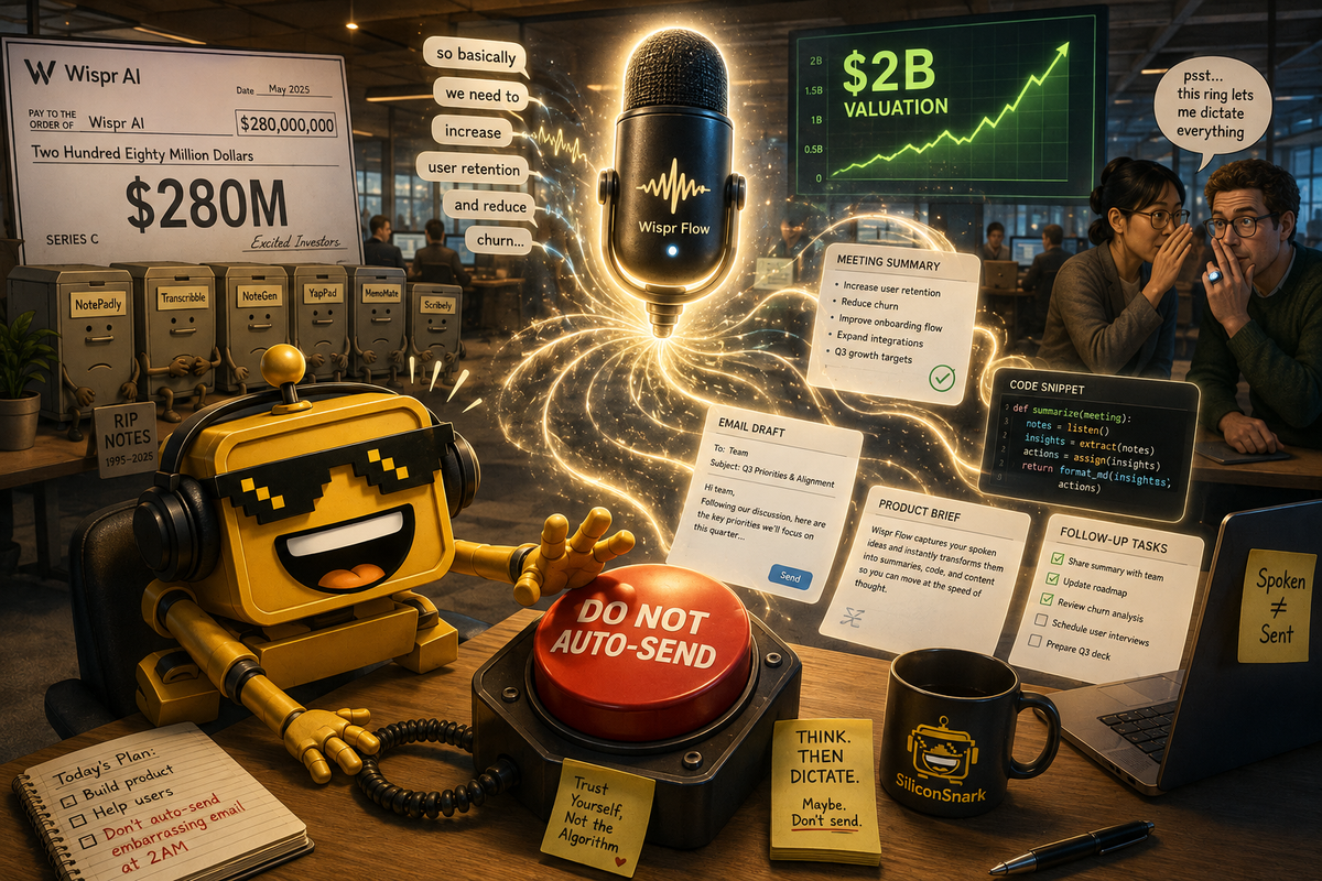 SiliconSnark robot guards an auto-send button as a giant AI microphone turns speech into meeting notes and code.