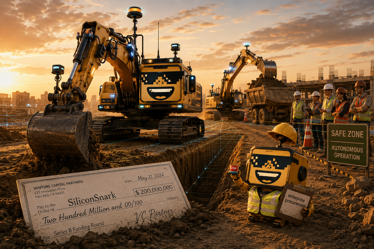 SiliconSnark robot watches an autonomous excavator dig a trench at a construction site.