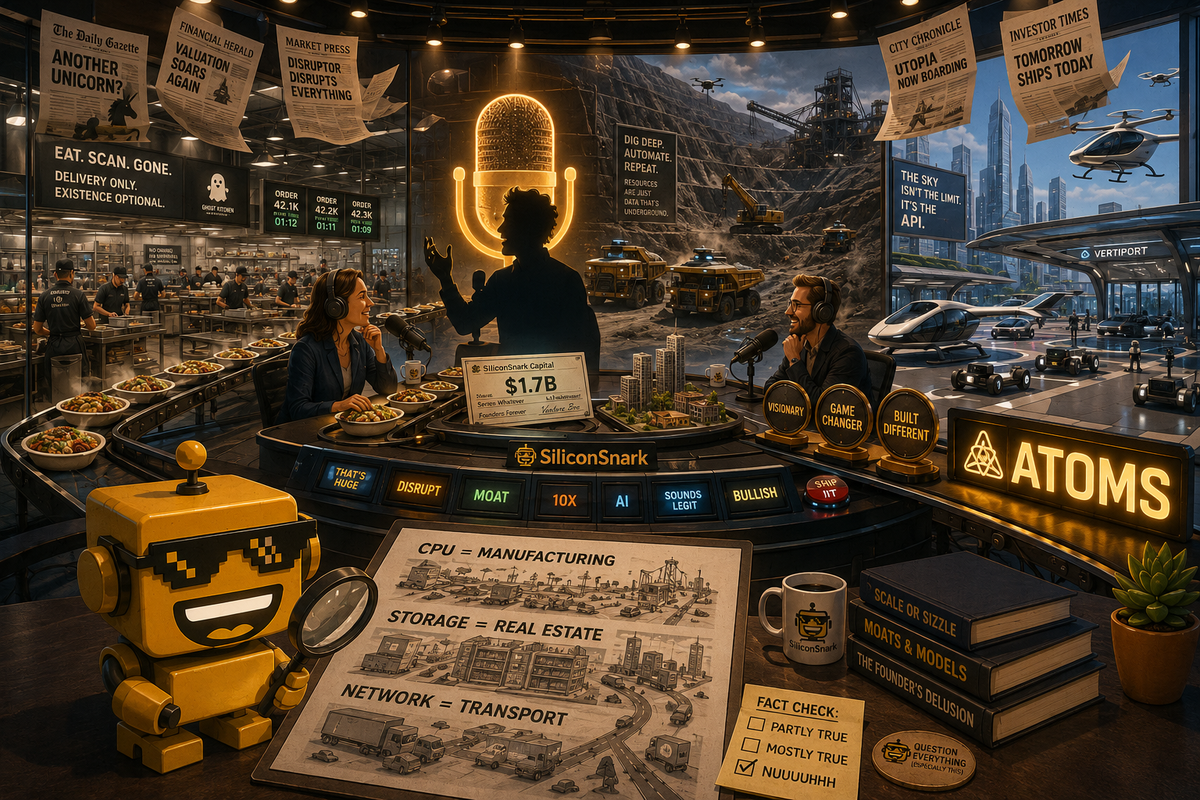 SiliconSnark robot fact-checks a podcast studio transforming from ghost kitchen to mine and vertiport.
