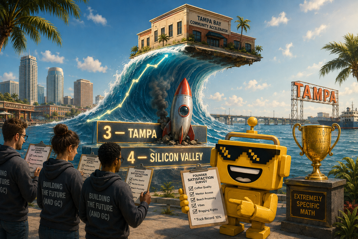 SiliconSnark robot holds a survey trophy as a Tampa wave passes a Silicon Valley rocket.