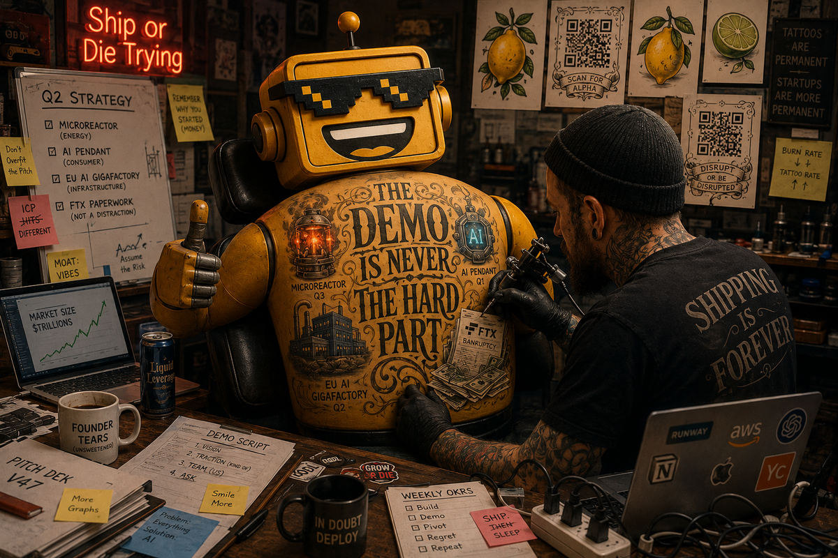 The SiliconSnark robot gets a full-back tattoo reading "the demo is never the hard part" surrounded by icons of the week's tech stories.
