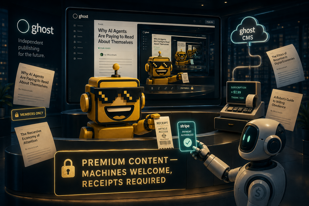 SiliconSnark robot sells a premium Ghost article to an AI agent holding a payment token.