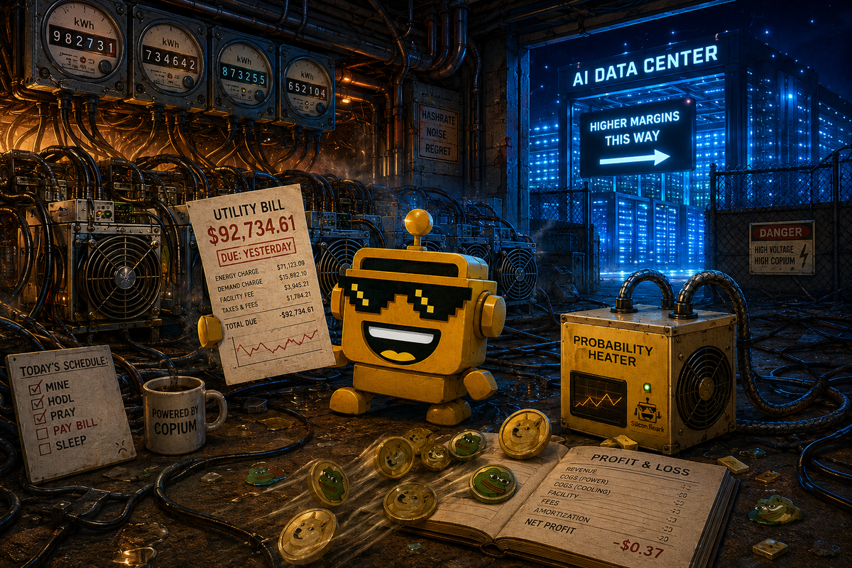 SiliconSnark robot holds a power bill beside crypto miners and a small Probability Heater.