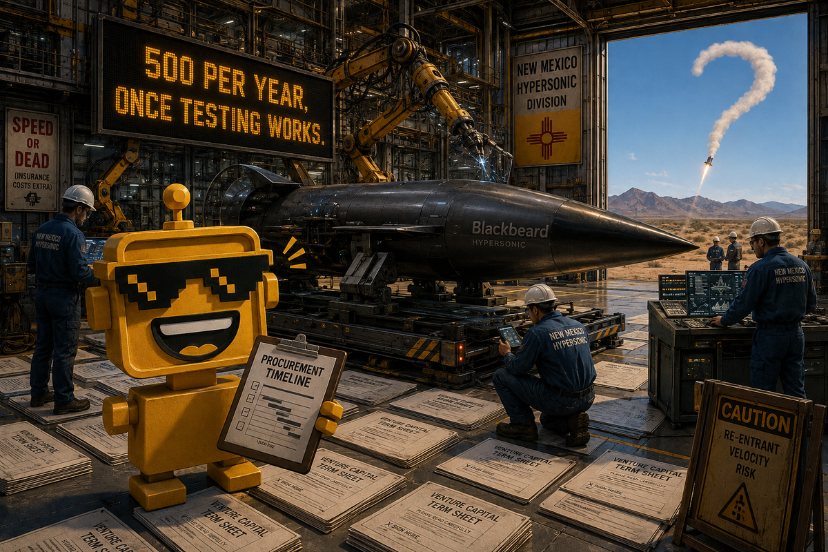  SiliconSnark robot reacts inside a factory assembling hypersonic missiles beside a “500 per year” sign.
