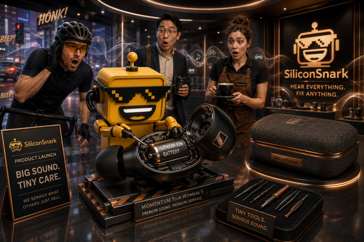 SiliconSnark robot repairs a Sennheiser earbud while wearing an open-ear clip bud in a launch showroom.