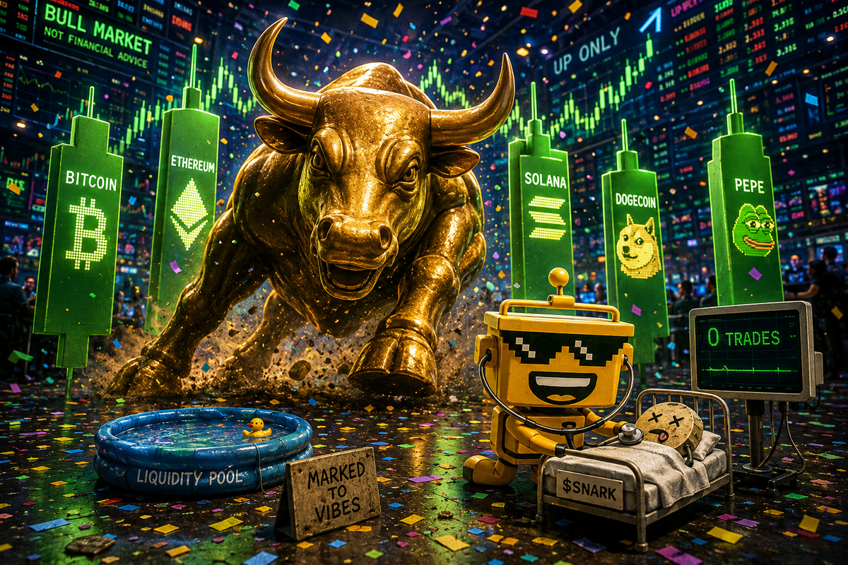 SiliconSnark’s yellow robot checks $SNARK’s pulse as a crypto bull charges past.