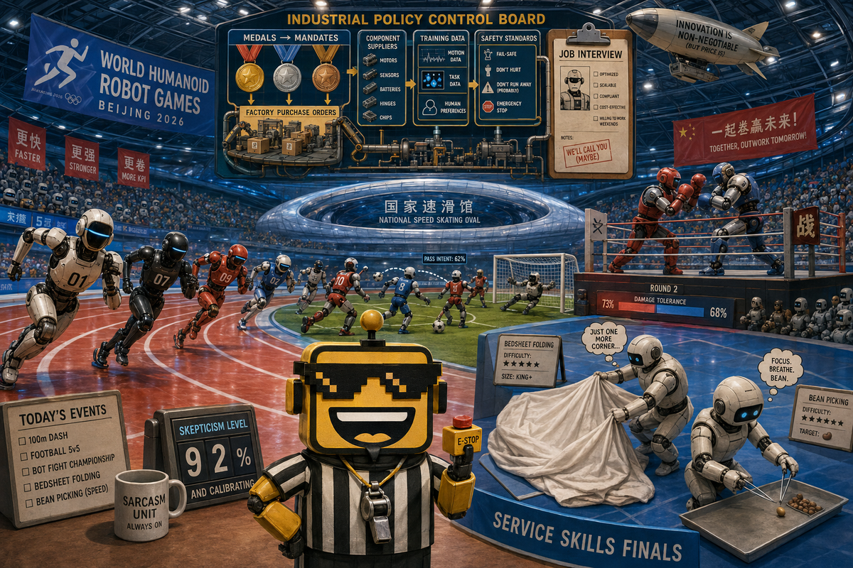 SiliconSnark robot referees humanoids racing, fighting, folding laundry, and handling tools in Beijing.