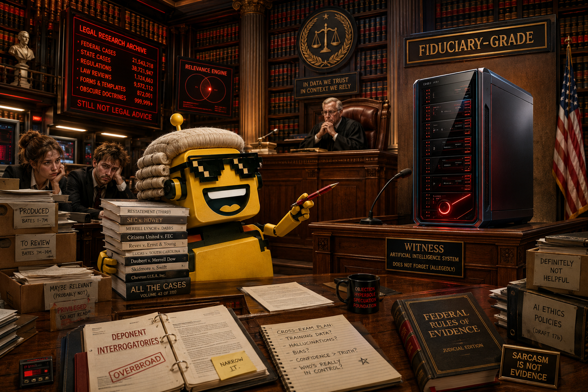 SiliconSnark's robot cross-examines a legal AI server in a courtroom filled with casebooks and document boxes.