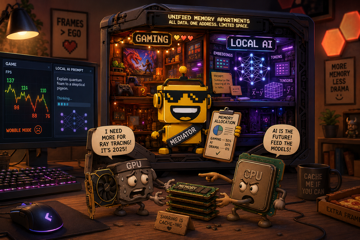 SiliconSnark robot mediates a funny argument between gaming and AI over shared PC memory.