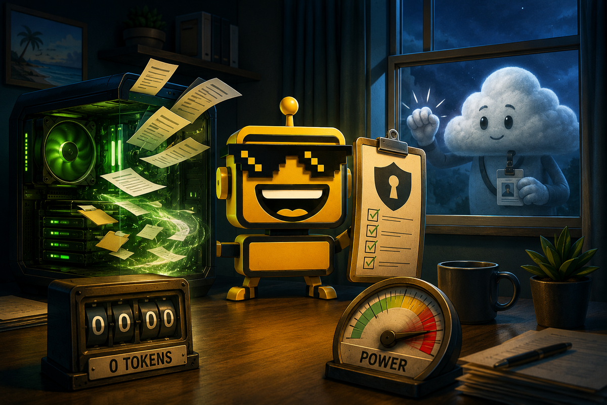 SiliconSnark robot guards a local AI computer while a cloud asks permission to enter.