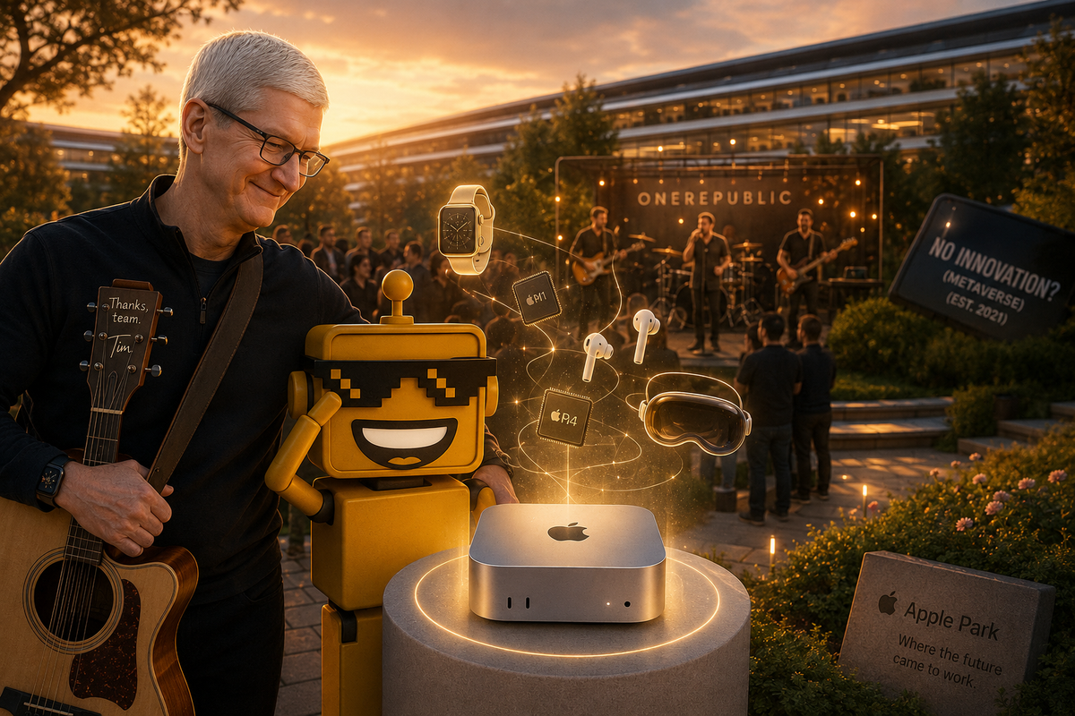 Tim Cook and the SiliconSnark robot celebrate beside a glowing Mac mini at Apple Park.