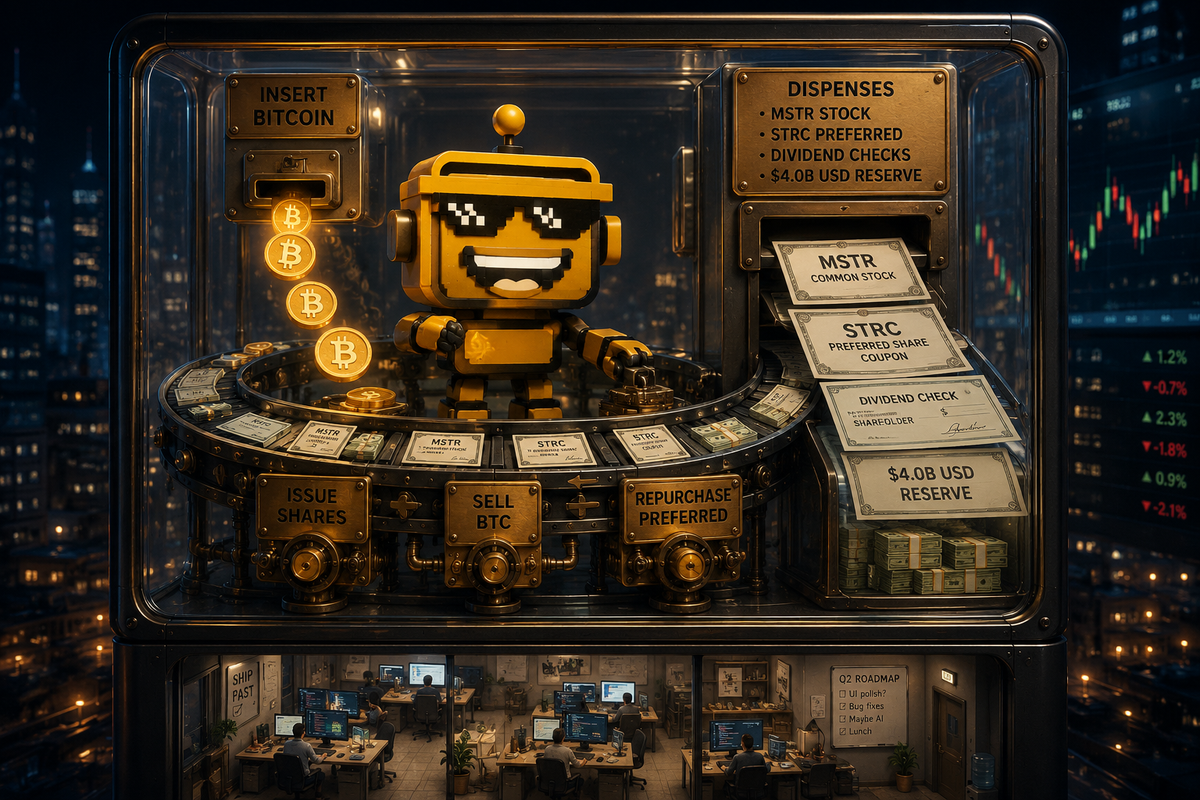 SiliconSnark robot feeds bitcoin into a machine that dispenses stock, dividends, and cash reserves.