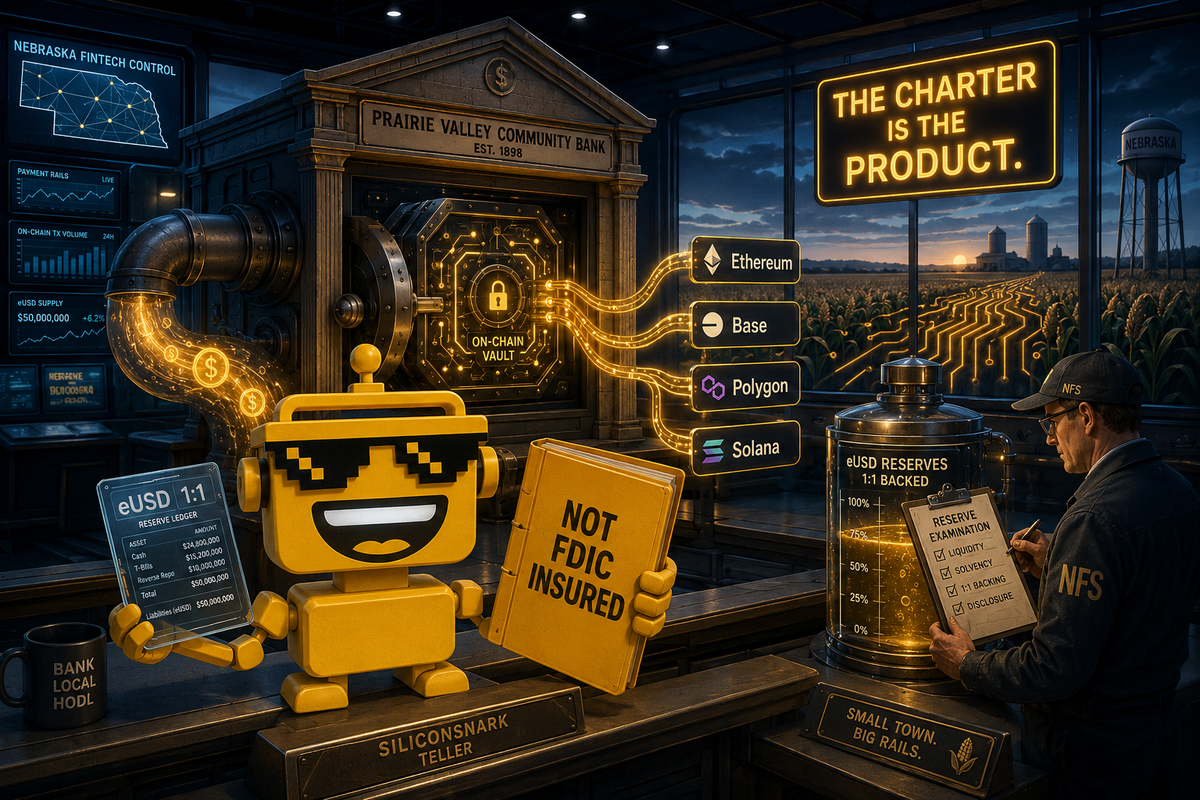 SiliconSnark robot checks eUSD reserves in a Nebraska blockchain bank.