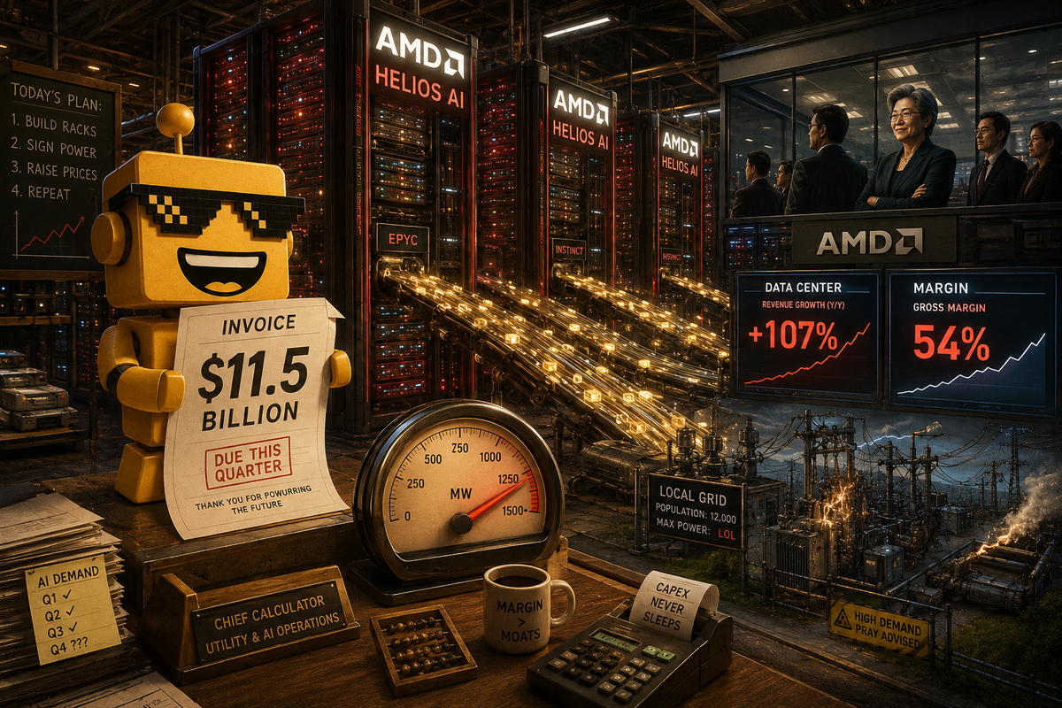 SiliconSnark robot studies an enormous AMD AI data center invoice beside glowing server racks.