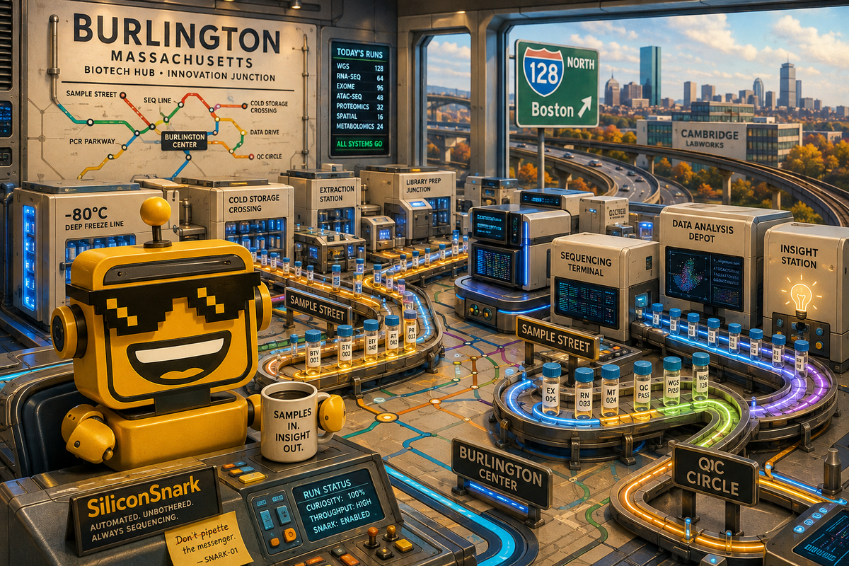 SiliconSnark robot oversees automated biotech sample freezers near Boston and Route 128.