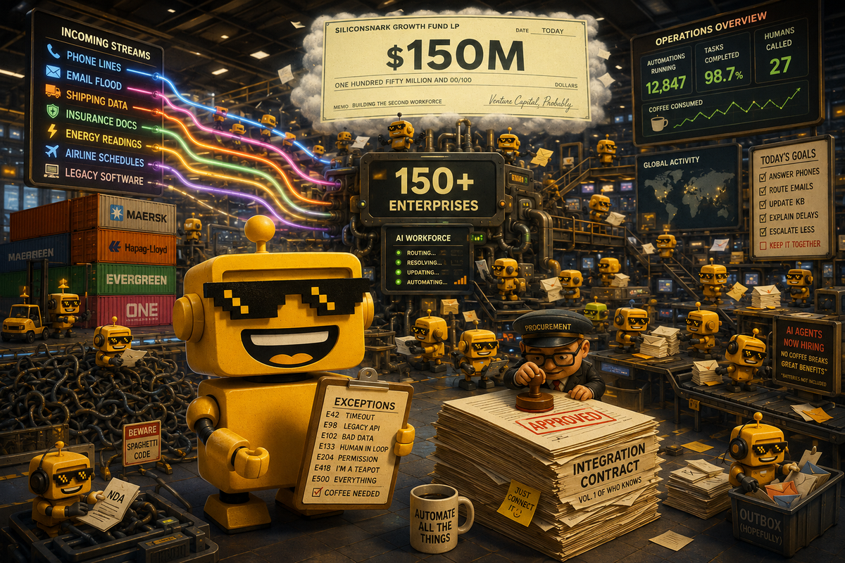 SiliconSnark robot watches AI agents automate a chaotic enterprise logistics control room beneath a $150 million funding check.