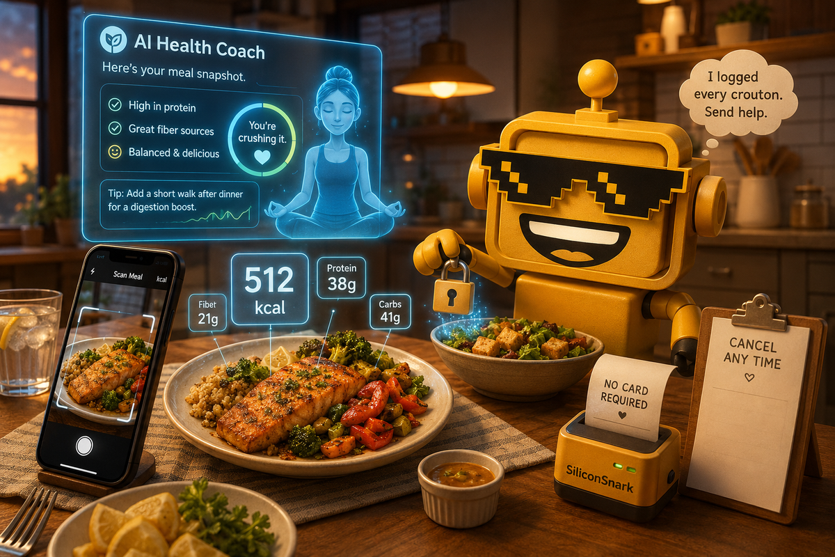 SiliconSnark robot watches a phone scan dinner while an encrypted health dashboard glows in a kitchen.