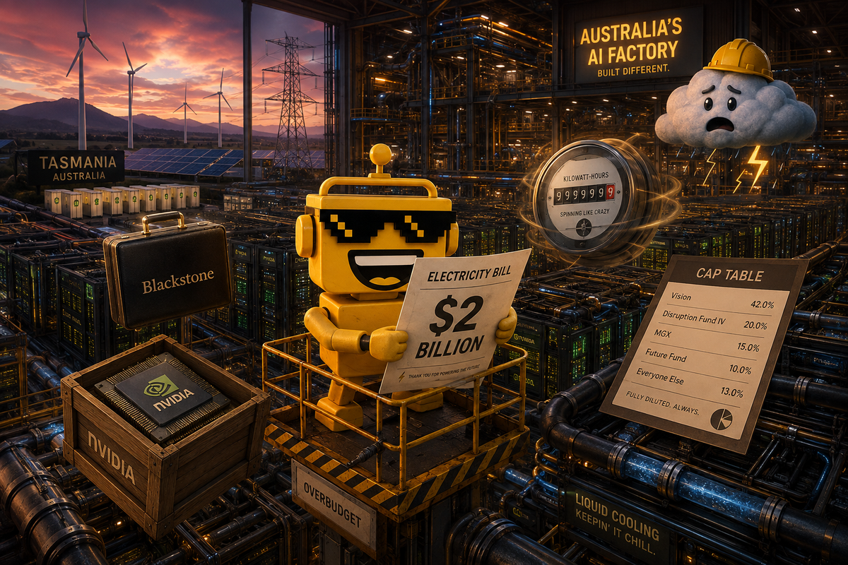 SiliconSnark robot holds a giant $2 billion electricity bill inside an Australian AI factory.