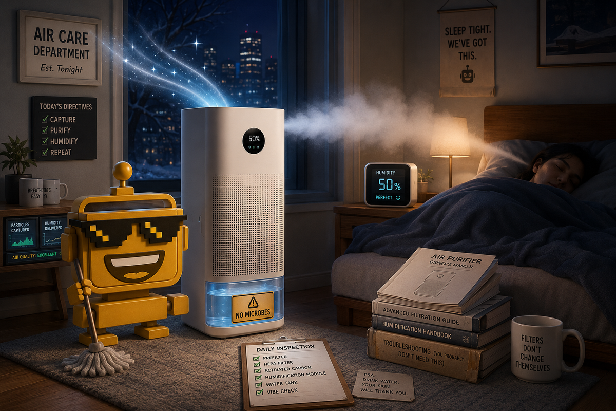 SiliconSnark robot inspects a Xiaomi air purifier and humidifier tower in a cozy bedroom.