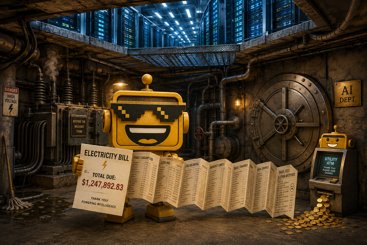 SiliconSnark robot reads a giant electricity bill in a data center basement full of transformers and a bank vault door.